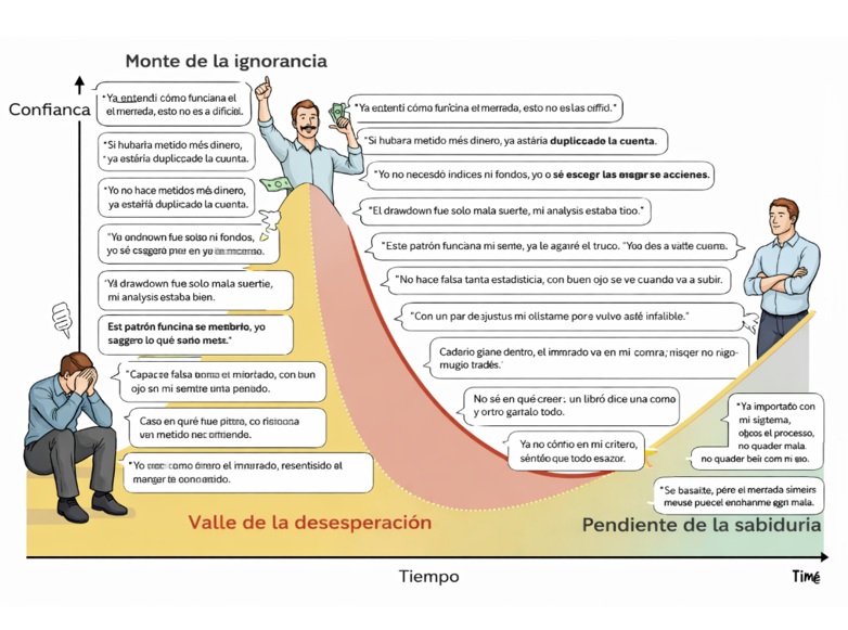 Ilustración del viaje emocional del trader: monte de la ignorancia, valle de la desesperación y pendiente de la sabiduría